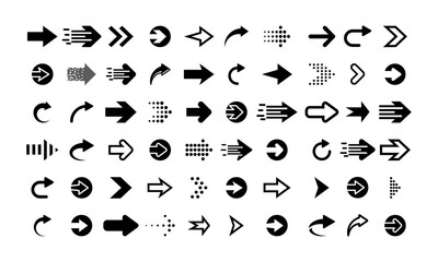 Set of arrows icons vector on white background. Arrow with right direction. Black pointer. Next sign.