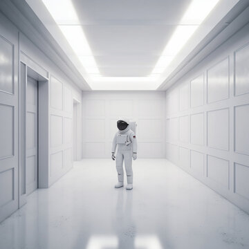 Astronaut in a white room. 3D rendering image.