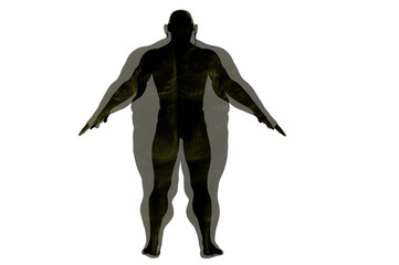 3D render. Athletic man inside an obese body on a white background. Copy space. 