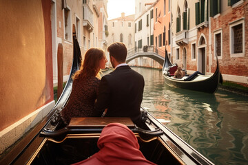 Fototapeta na wymiar Unrecognizable couple enjoying a romantic gondola ride through the canals of Venice Italy with historical architecture in the background portraying a classic and timeless romance,