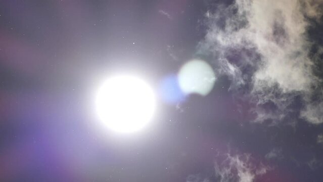 Solar disk, image reflected in the optics during a partial eclipse, pollen fluttering and glistening in the air and moving clouds. Observed in June 2021 in Poland - with accelerated pace. 