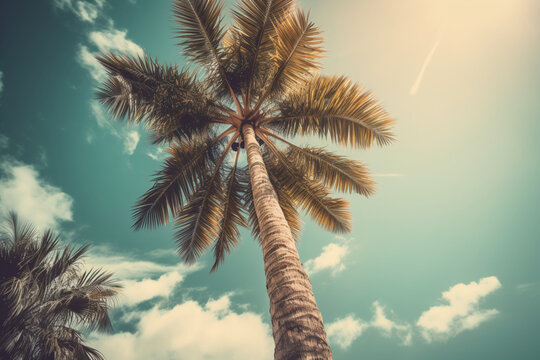 Vintage toned palm tree over sky background