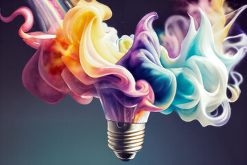 Art of a Light Bulb Lamp exploding with colorful rainbow paint splash. Knowledge and creativity concept. generative ai. - 606786940