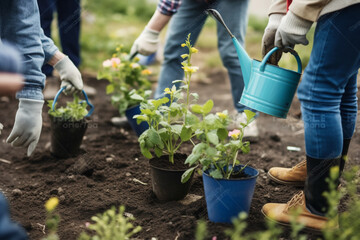 unrecognizable group of people holding gardening tools and planting flowers in a community garden promoting environmental