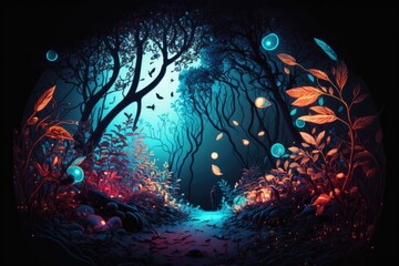 Fototapeta na wymiar Halloween background with a spooky dark forest with magical leaf lighting