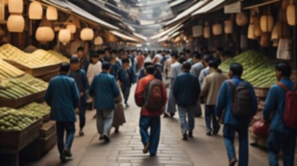 Blurred crowd of people walking in the traditional Asian market. Generative AI.