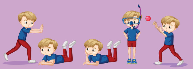 Set of cute boy in blue shirt doing different activities By The greatest graphics