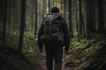 Unrecognizable man hiking or camping in a dense forest with a backpack camping gear and a sense of adventure in the wilderness,