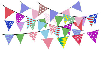 Greeting or Birthday party invitation with carnival,bunting flag garlands. Part decorating concept with colorful hanging above. Happy birthday.  with copy space for your text.