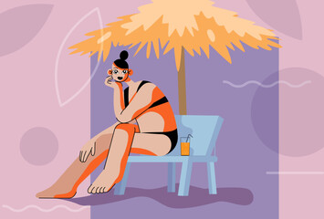 A girl sitting on an evening beach in a swimsuit with a drink under beach umbrella. Flat summer vector illustration. Summer vacation.