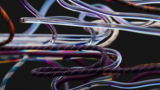 Abstract concept. Transparent tubes and cables straighten and stretch on black isolated background. Order out of chaos.