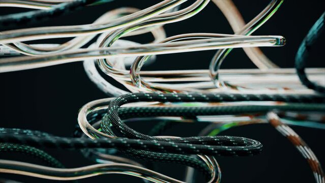 Moving data cables. Transparent wire with liquid inside. Stretch and move in waves. Fabric rope. Black background. 