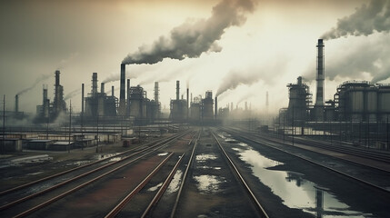 Fototapeta na wymiar Industrial factory pollution, smokestack exhaust gases, bad atmosphere, Generative AI