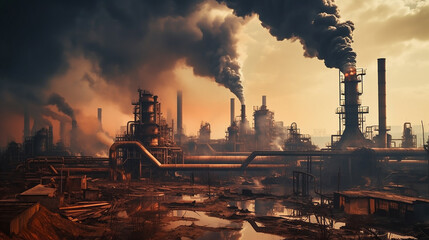 Fototapeta premium Industrial factory pollution, smokestack exhaust gases, bad atmosphere, Generative AI