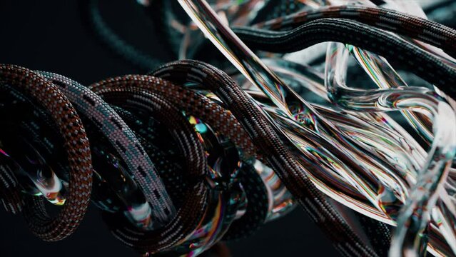 Tangled wires and ropes, transparent tubes. Data transfer. Chaotic movements. Knot, ligament, twisted. Slow motion. 