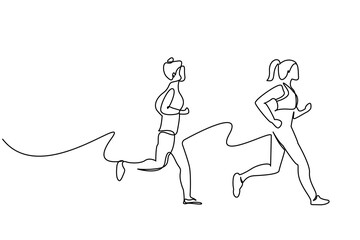Naklejka na ściany i meble young fit women activity sport running group lifestyle line art
