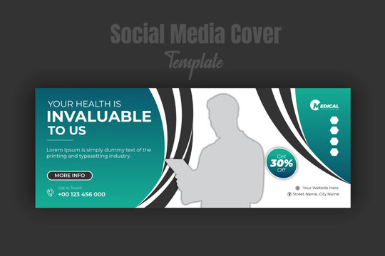 Medical timeline cover photo design template with green gradient color shape, cover banner template, healthcare social media post design with white background