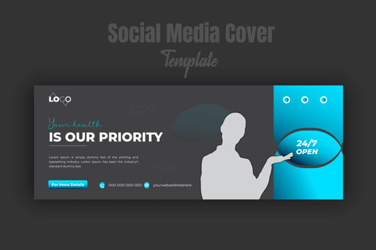 Medical timeline cover photo design template with blue gradient color shape, cover banner template, healthcare social media post design with black background