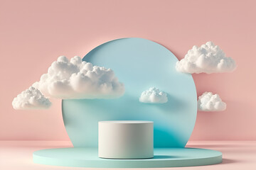 Abstract minimal concept. Pastel pink blue background with podium, clouds and abstract landscape. Mock up template for product presentation. copy text space