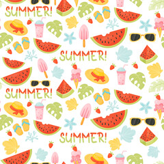 Summer seamless pattern with watermelon, shells, straw hat, slippers, ice cream on white background. Vector illustration in flat cartoon style for design, wallpaper, wrapping paper, fabric.