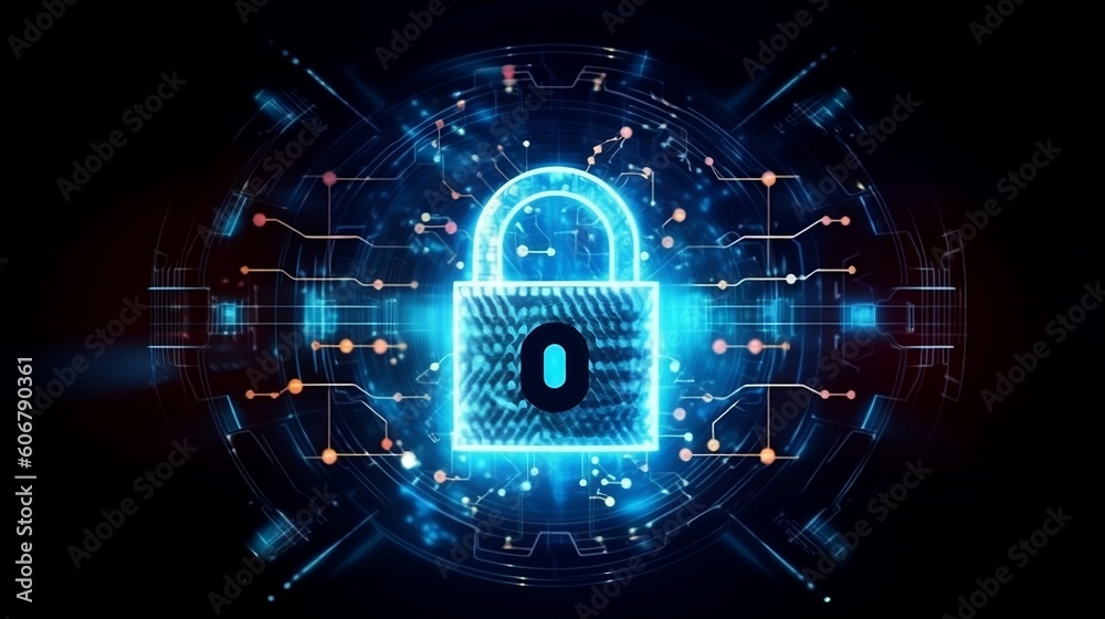 Wall mural lock on blue circuit background, cyber security and protection of private information and data conce