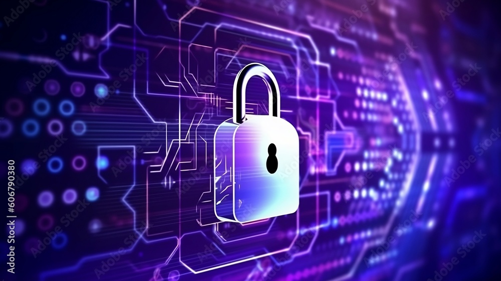 Wall mural lock on pink circuit background, cyber security and protection of private information and data conce