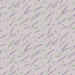 Hand drawn seamless pattern with shining glowing line art provance diagonal purple lavender flowers.Floral spring summer botanical backdrop on grey background.
