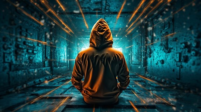 Hacker With A Hoodie Inside A Blue Room, From The Back, Cyper Security Concept, Protection In IT - Generative AI