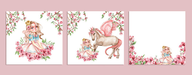 Composition of flower fairy, little princess dressed in pink with flower illustration. Watercolor illustration for greeting card, posters, stickers, packaging.