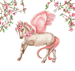 White unicorn with pink wings and pink flowers. For nursery, baby shower, invitation for birthday party. Watercolor illustration for greeting card, posters, stickers, packaging.