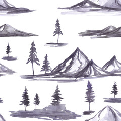 Watercolor seamless pattern with mountains,,hills,wood fir trees in grey violet color as scandinavian background.Nordic northern landscape,environment concept.