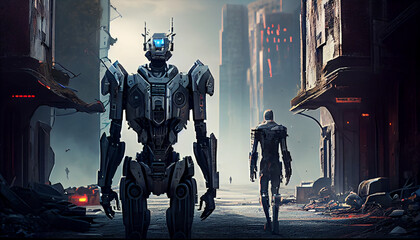 Naklejka premium Robots in destroyed city