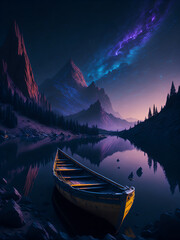 Highland lake night landscape. AI generated illustration