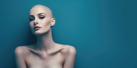 A beautiful young woman with a shaved bald head. Isolated on a blue flat background with copy space. Beautiful naked girl. Generative AI professional photo imitation. - obrazy, fototapety, plakaty