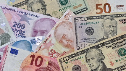 Fototapeta na wymiar Images of various country banknotes. Turkish lira, us dollar and euro photos.