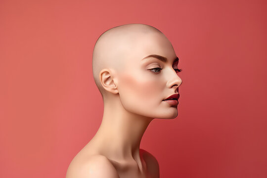 A beautiful young woman with a shaved bald head. Isolated on a red flat background with copy space. Beautiful naked girl side view. Generative AI professional photo imitation.