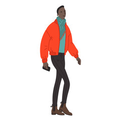 Vector hand drawn illustration with walking men. Character design in colorful clothes. Young man walks in a good mood