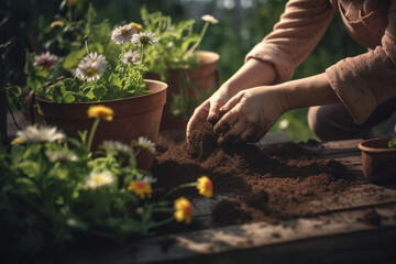 Unrecognizable woman gardening in her backyard planting flowers and tending to her plants with care,