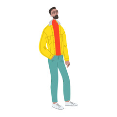 Vector hand drawn illustration with walking men. Character design in colorful clothes. Young man walks in a good mood