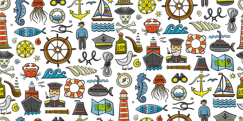 Nautical icons of navigator, ship and captain, lighthouse and sailor. Seamless pattern background for your design