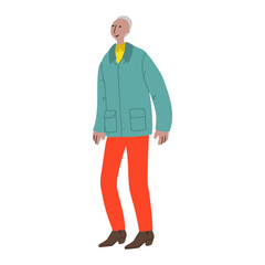 Vector hand drawn illustration with walking men. Character design in colorful clothes. Old man walks in a good mood