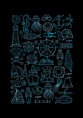Nautical icons of navigator, ship and captain, lighthouse and sailor. Art background horizontal. Outline style for your design. Vector illustration