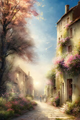 An old town full of summer flowers oil painting, nostalgic beautiful art illustration. Generative Ai.