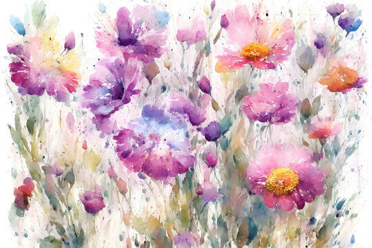 Watercolors flowers background, abstract flowers made from watercolor paint splashes, wet on wet and splattering style. Generative AI.