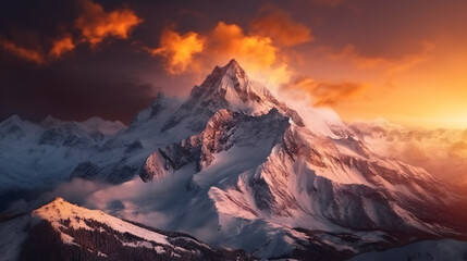 Snowy mountain at sunset