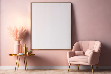 Luxury composition with pink armchair, empty white poster in frame and table with gold decorations. Generative AI