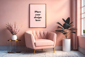 Pink interior with armchair and empty poster with place for your design. Generative AI