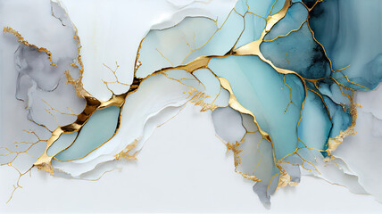 Pintura abstrata em tons de azul claro e cinza claro arte de tinta de &aacute;lcool ouro quebrado sobre seda. Gerado IA