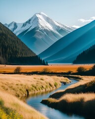 Landscape with small river and mountains created with Generative AI Technology