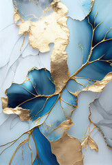 Pintura abstrata em tons de azul claro e cinza claro arte de tinta de álcool ouro quebrado sobre seda. Gerado IA
